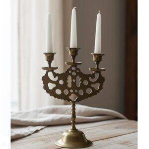 Antique Brass Judea Sabbath Double Dragon 3 Candle Candelabra Solid Brass Etched